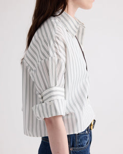 TWP Next Ex Shirt in Mixed Hairline Stripe, White / Green