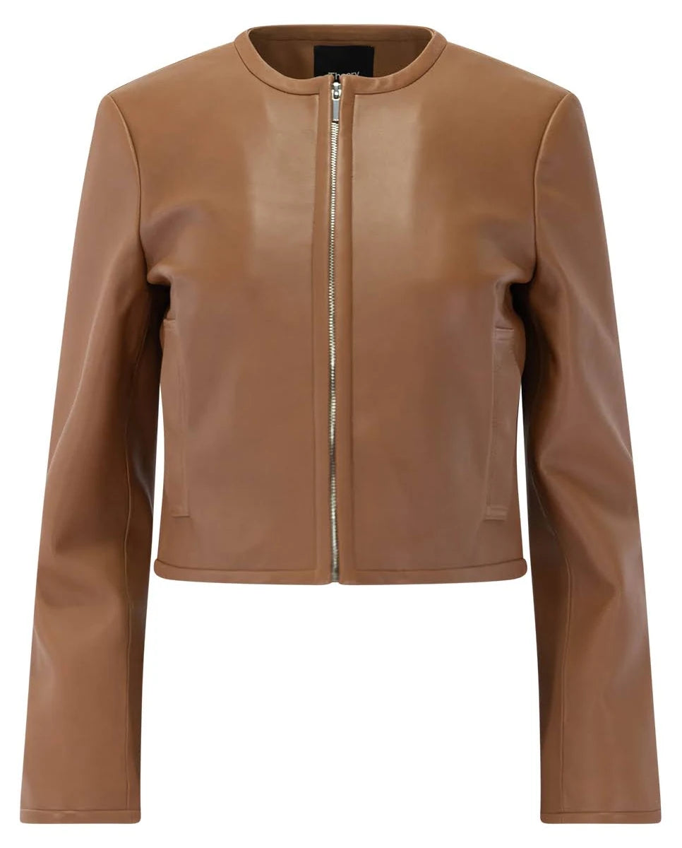 Collarless Zip Leather Jacket