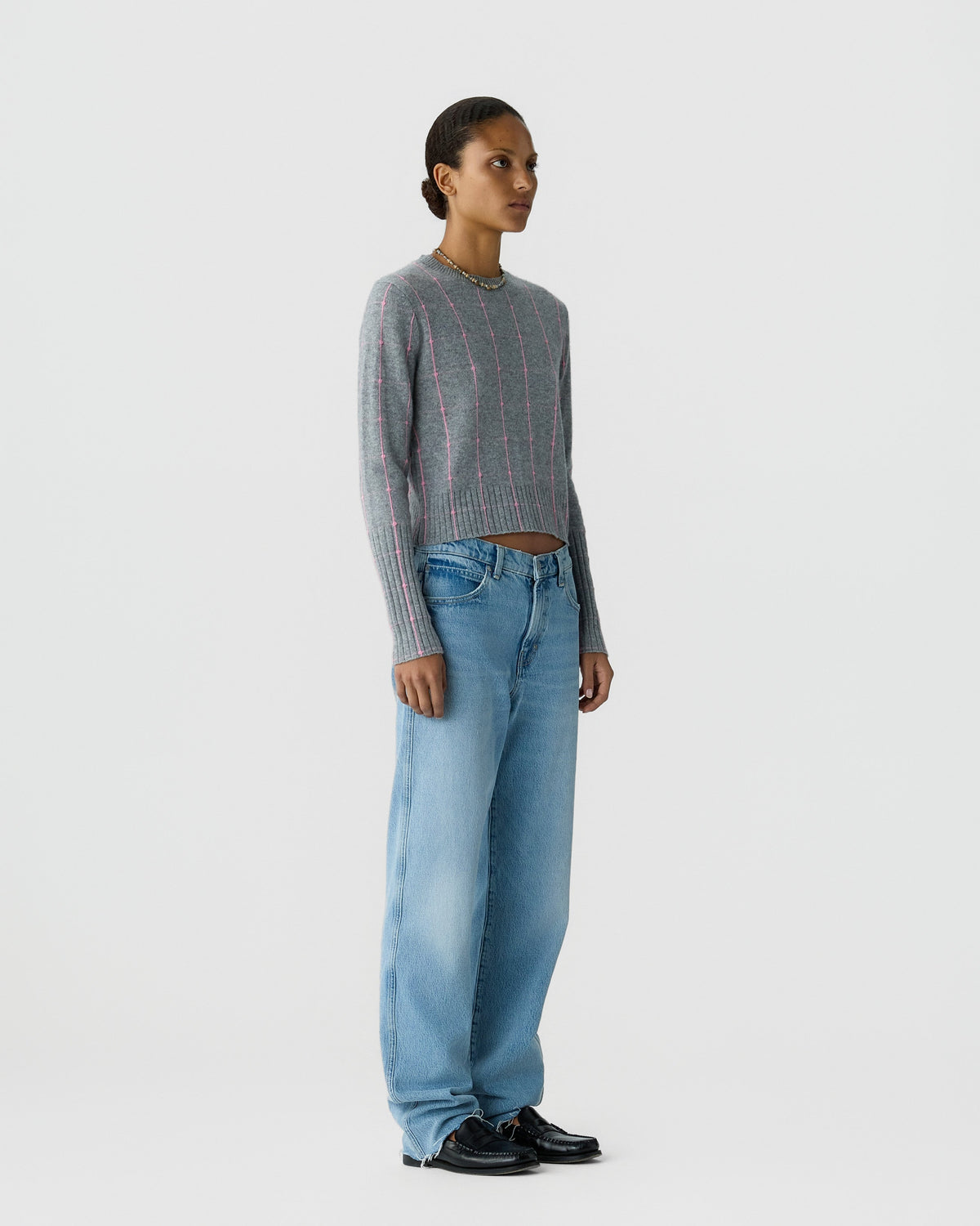 Guest In Residence Shrunken Checker Crew in Heather Grey Sprinkle side view