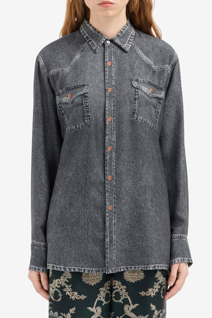 Silk Denim Printed Shirt