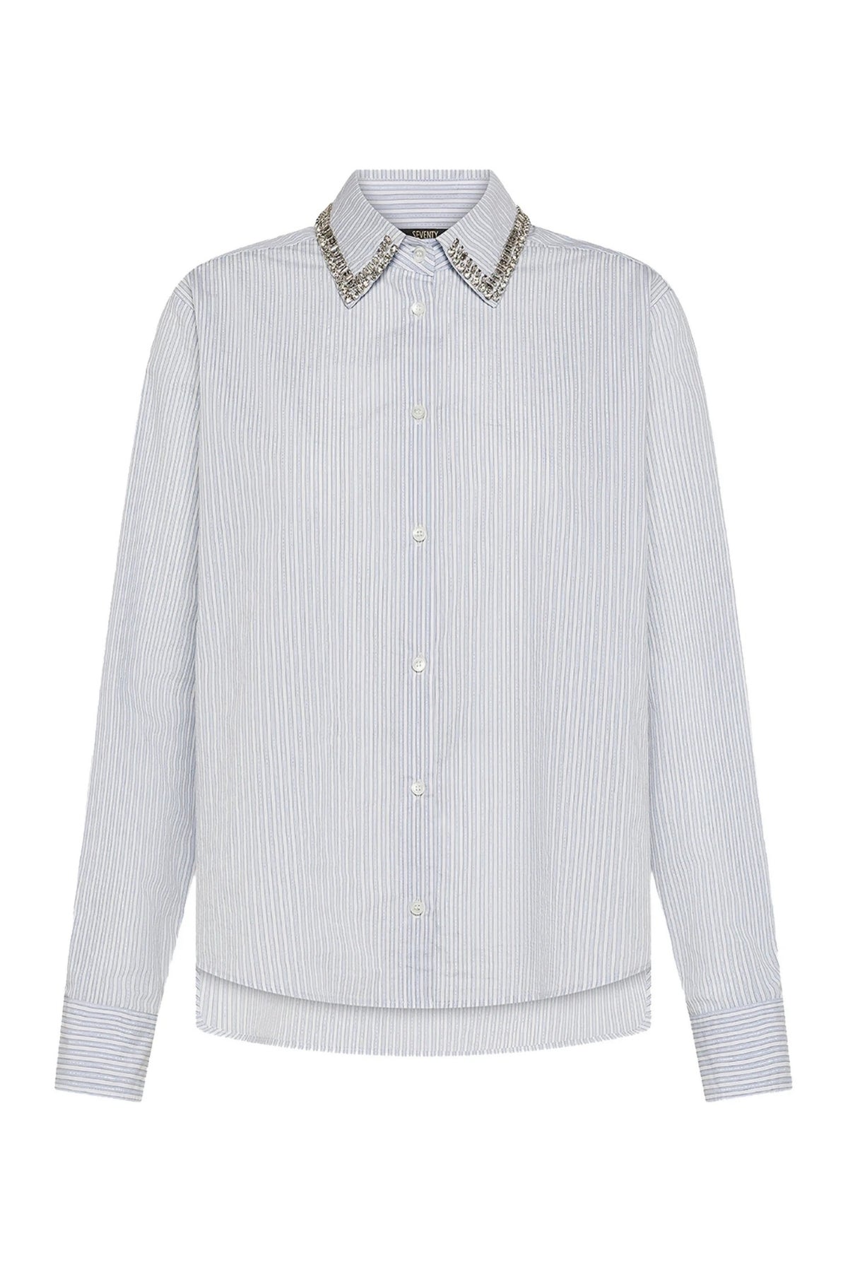 Striped Shirt with Stone Detail Collar