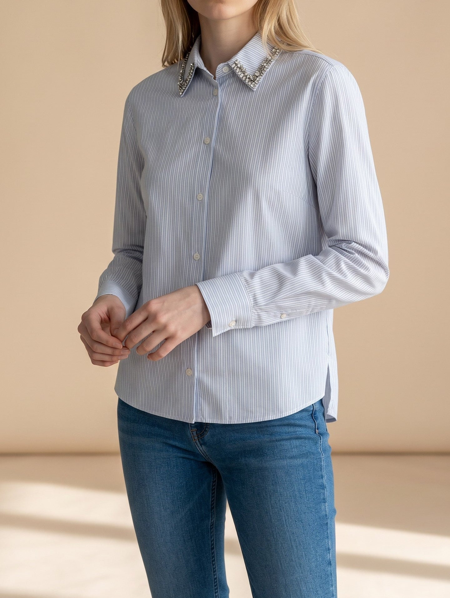 Striped Shirt with Stone Detail Collar