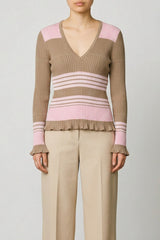 Striped Silk Cotton V Neck Sweater