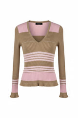 Striped Silk Cotton V Neck Sweater